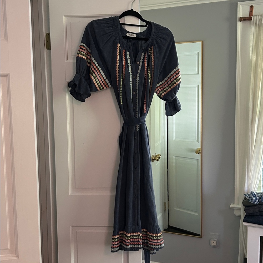 BOTEH Embroidered Navy Button-Front Midi Dress with Puff Sleeves